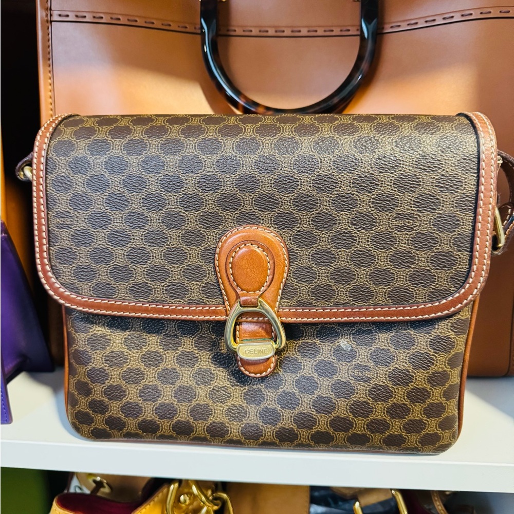 Authentic Celine Brown Crossbody Bag with Monogram Pattern and Leather Trim